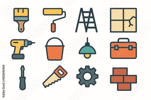 House renovation tiles paint screwdriver drill icon vector icons brick roller brush