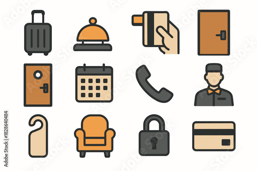 Set phone lock calendar keycard icon card bell door vector chair hotel