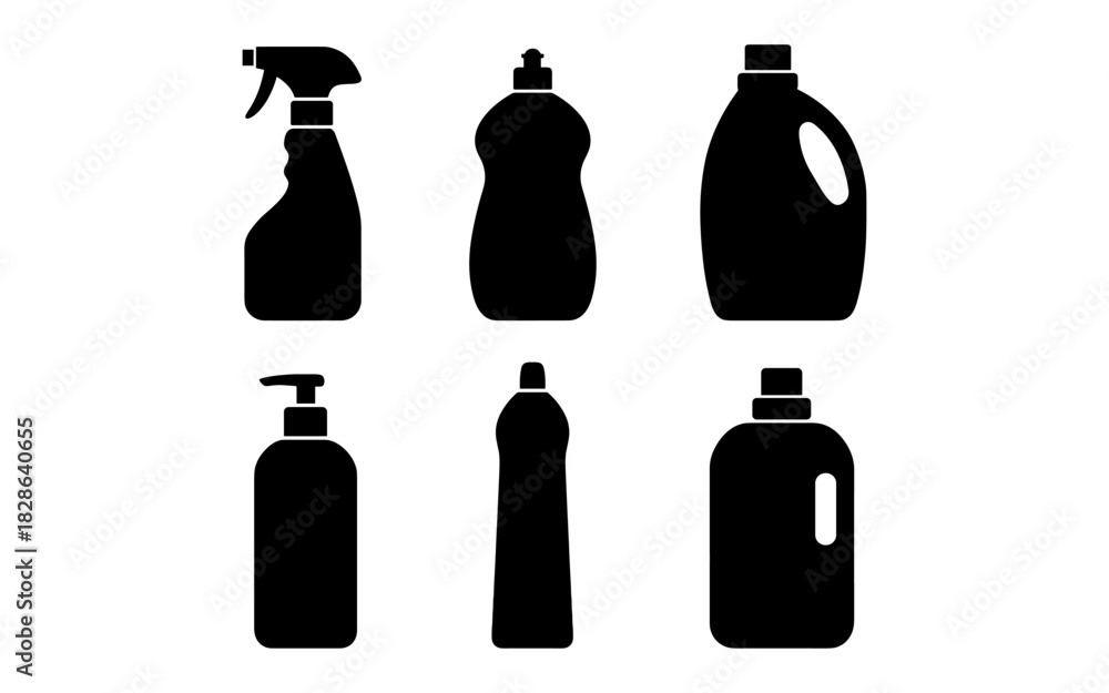 Fototapeta premium Silhouette bottles collection: cleaning and detergent containers variety