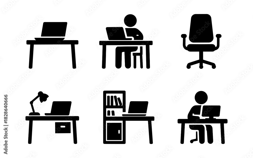 Fototapeta premium Silhouette office setup: work desk, chair, lamp, and laptop