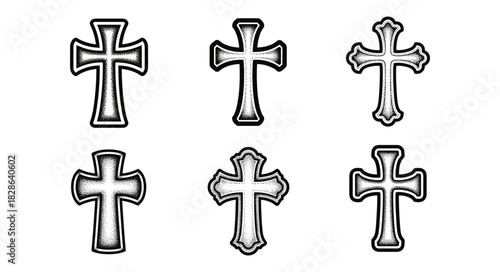 Collection of Six Ornate Christian Cross Symbols.