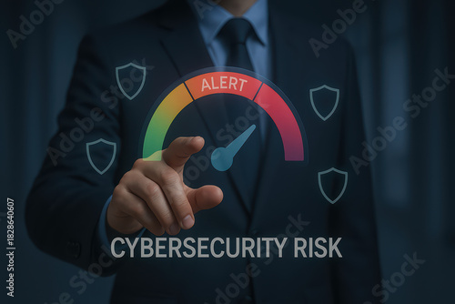 Cybersecurity risk alert concept with businessman pointing at digital gauge indicating high threat level and shield icons for protection
