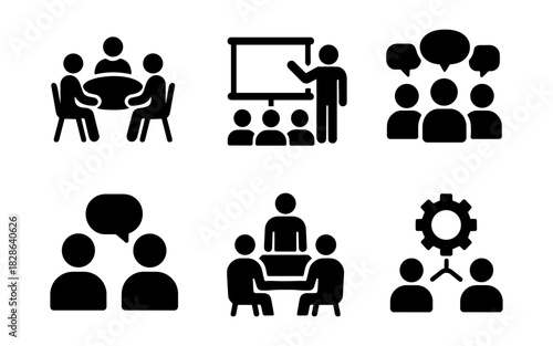 Business meeting and collaboration icons in solid silhouette design