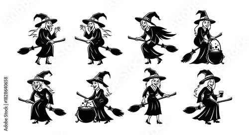 Set of eight whimsical cartoon witches flying on broomsticks in