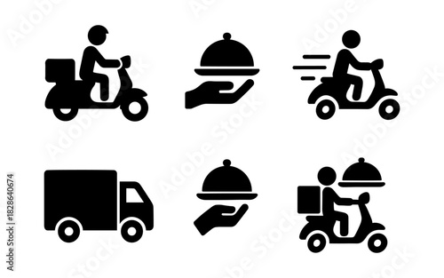 Silhouette icons of food delivery, courier service, fast delivery symbols