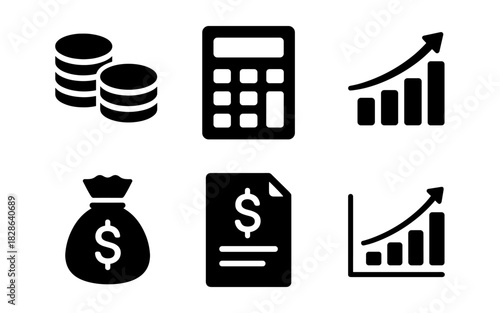 Finance icons set featuring coins, calculator, growth chart, money bag, financial document, bar chart