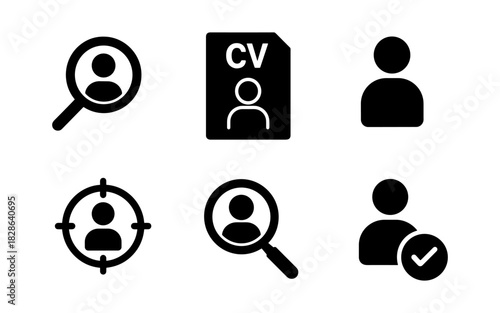 Job recruitment icons: silhouette person, cv, magnifying glass, target, approval symbol