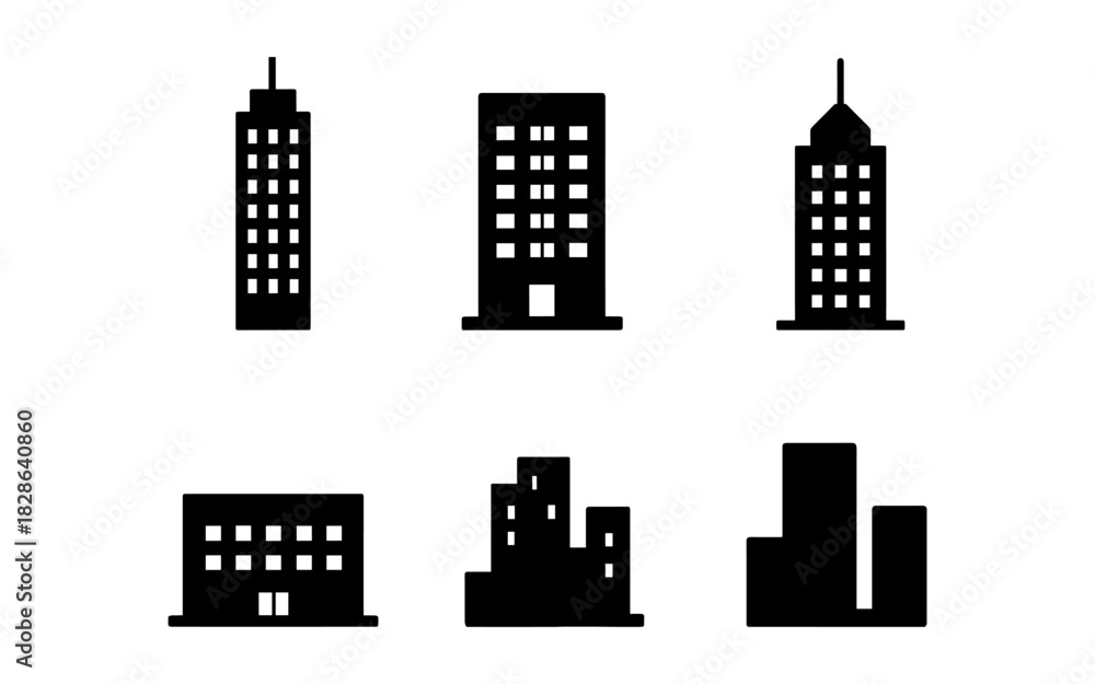 Fototapeta premium Set of urban building silhouettes: minimalist high-rise and skyscraper icons