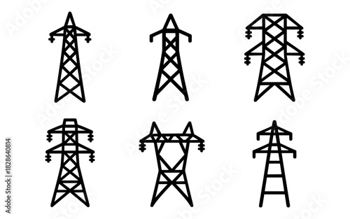 Set of transmission towers in linear style for energy and infrastructure design