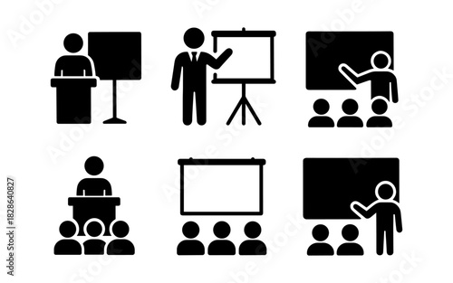 Silhouette icons of presentations and meetings in educational settings