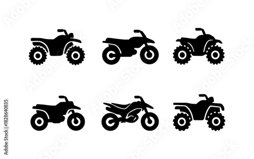 Set of silhouette off-road vehicle icons including motorcycles and atvs