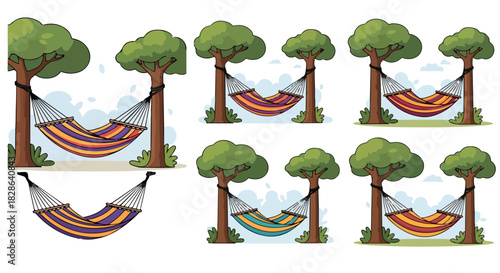 Hammocks hanging between trees in a park setting