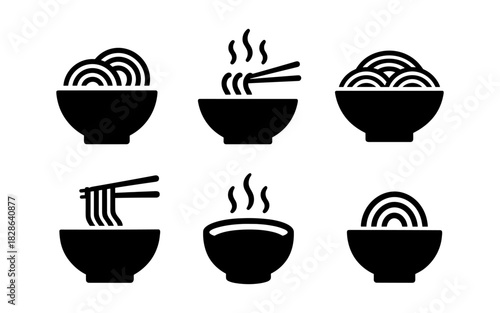 Minimalist noodle icons: simple black and white ramen designs