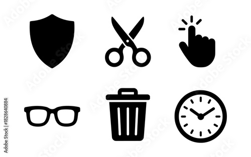 Essential black icons: scissors, shield, hand gesture, glasses, trash can, clock