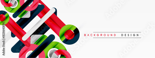 Abstract geometric shapes overlap, creating dynamic colorful composition. White background enhances vibrant design elements.