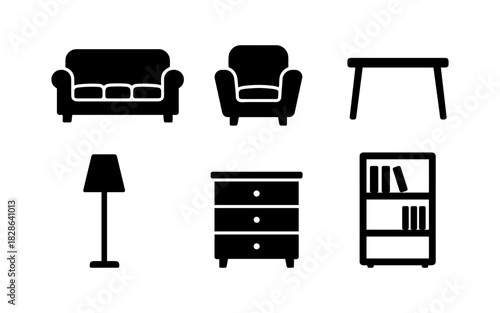 Minimalist black silhouette furniture icons set for home decor design