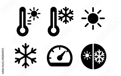 Weather icons with thermometers and symbols for hot and cold