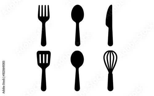 Silhouette utensils: fork, spoon, knife, spatula, whisk icons for kitchen design