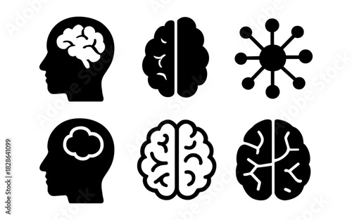Black silhouette icons of human brain and neural network symbols