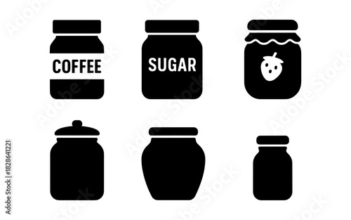 Minimalist black and white silhouette icons of kitchen jars