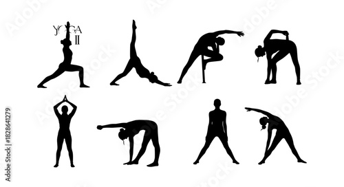 Diverse collection of yoga poses silhouettes for fitness and wel