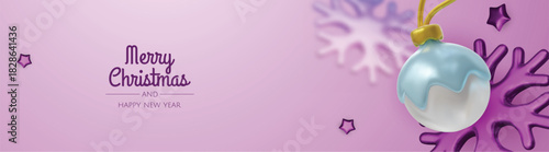 Happy New Year and Merry Christmas. Christmas holiday background with realistic 3d objects, bauble balls, conical metal stars. Levitation falling design composition.