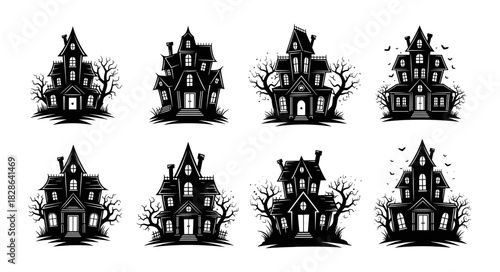 Set of Spooky Haunted Houses Silhouettes for Halloween.