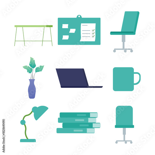 Modern office supplies and furniture collection in teal and purple