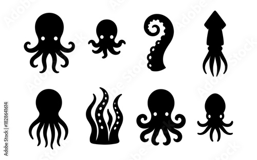 Silhouette octopus and squid icons: marine creatures collection in black design