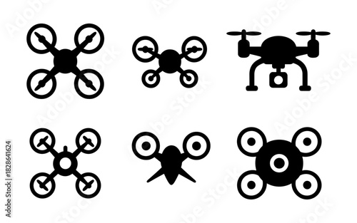 Silhouette set of drone icons: quadcopters and uav designs