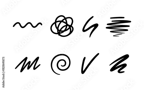 Hand-drawn abstract doodle set with swirls and scribbles in black on white background