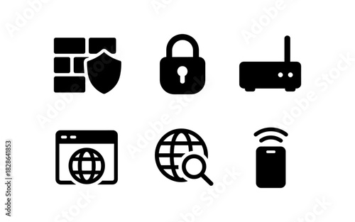 Cyber security icons: firewall, lock, router, browser, global access, wireless signal