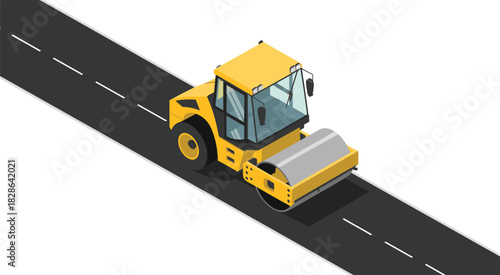 Isometric road roller machine paving asphalt, construction vehicle illustration, heavy equipment on roadway, roadwork machinery concept, transportation infrastructure development