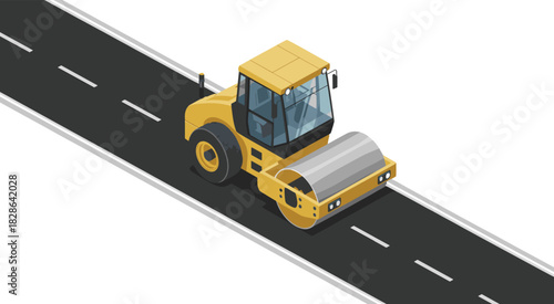 Isometric road roller machine paving asphalt, construction vehicle illustration, heavy equipment on roadway, roadwork machinery concept, transportation infrastructure development