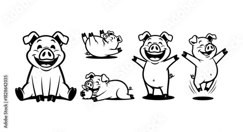 Collection of happy cartoon pigs in various poses.