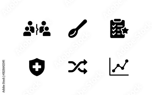 Collection of simple icons for social interaction, healthcare, and data analysis