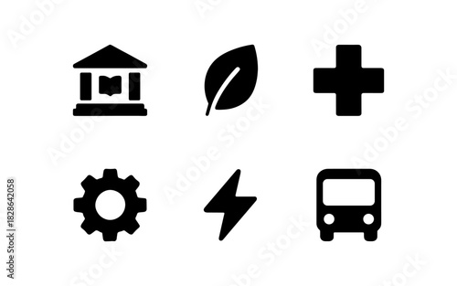 Essential black icons set: education, nature, health, industry, power, transport