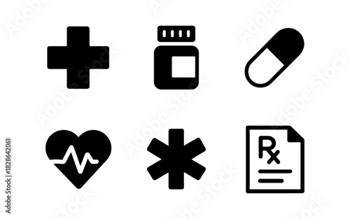 Minimalist medical icons set: health care and pharmacy symbols in bold design