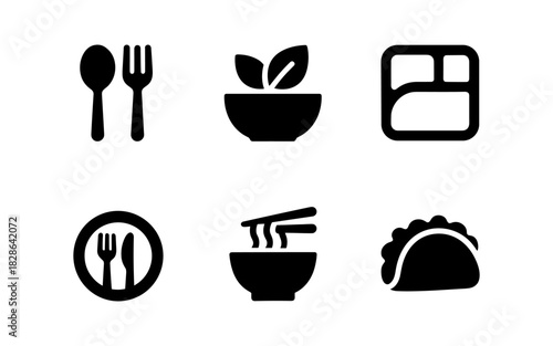 Minimalist food icons collection: utensils, salad, bento box, noodles, taco