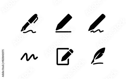 Minimalist writing icons collection: pen, pencil, feather, and signature elements