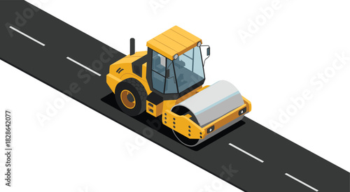 Isometric road roller machine paving asphalt, construction vehicle illustration, heavy equipment on roadway, roadwork machinery concept, transportation infrastructure development