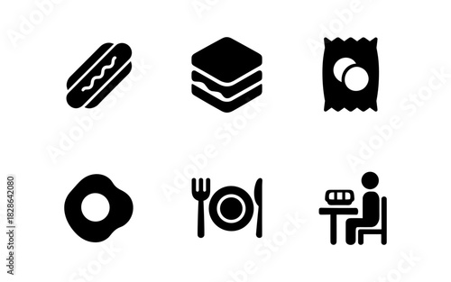 Minimalist food icons set: hot dog, sandwich, snack, fried egg, dining, eating
