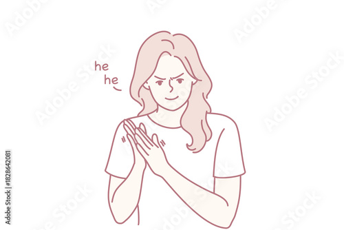 woman giggling with hands clasped, amused expression and casual tee, reading flattering message and reacting with playful charm in soft pink line illustration, friendly vibe and relatable