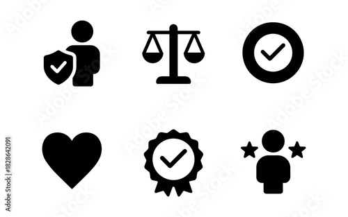 Black silhouette icons: trust, balance, verification, heart, award, star ratings