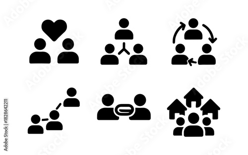 Black icon set depicting teamwork and communication concepts in simple style
