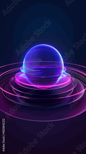 Glowing sphere with layered rings, a visual of energy in vibrant blue, purple, and pink