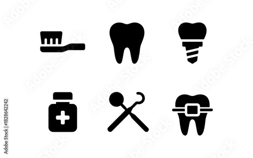 Dental care icons: silhouette toothbrush, implant, oral tools, braces