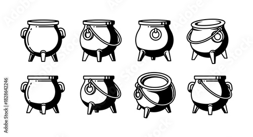 Collection of eight different cauldron illustrations in black an