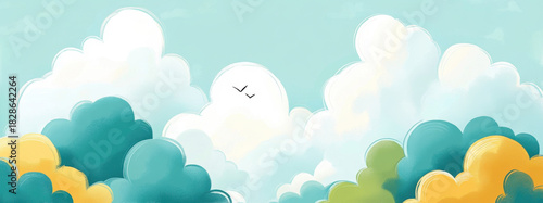 Fluffy cartoon clouds in blue sky with yellow and green accents playful drawn nature background with flying birds calm scenery
