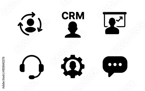 Business and customer relationship management icons in silhouette style for professional use